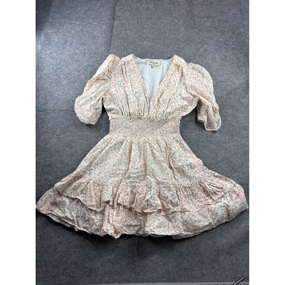 Cleobella Sadie Floral Cotton Mini Dress Smocked Waist Ruffle V-Neck Womens M